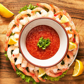 St. Elmo Cocktail Sauce shrimp dipping plate enhances shrimp with citrus notes.