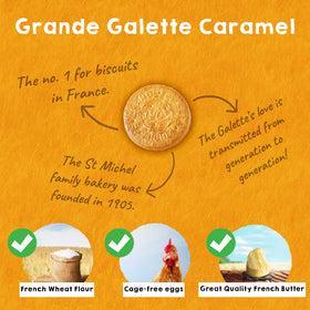 St Michel Caramel Grandes Galettes butter biscuits closeup, highlighting caramel ribbons and crisp golden edges.