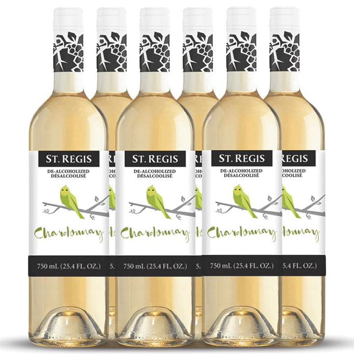 ST. REGIS Non-Alcoholic Chardonnay bottle showcasing premium grapes for mindful sipping