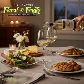 Golden yellow hue of ST. REGIS Chardonnay with citrus and apple aroma