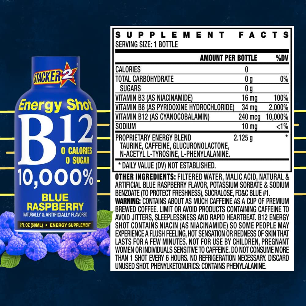 Stacker 2 Blue Raspberry energy shot pour showcases a quick, flavorful energy boost