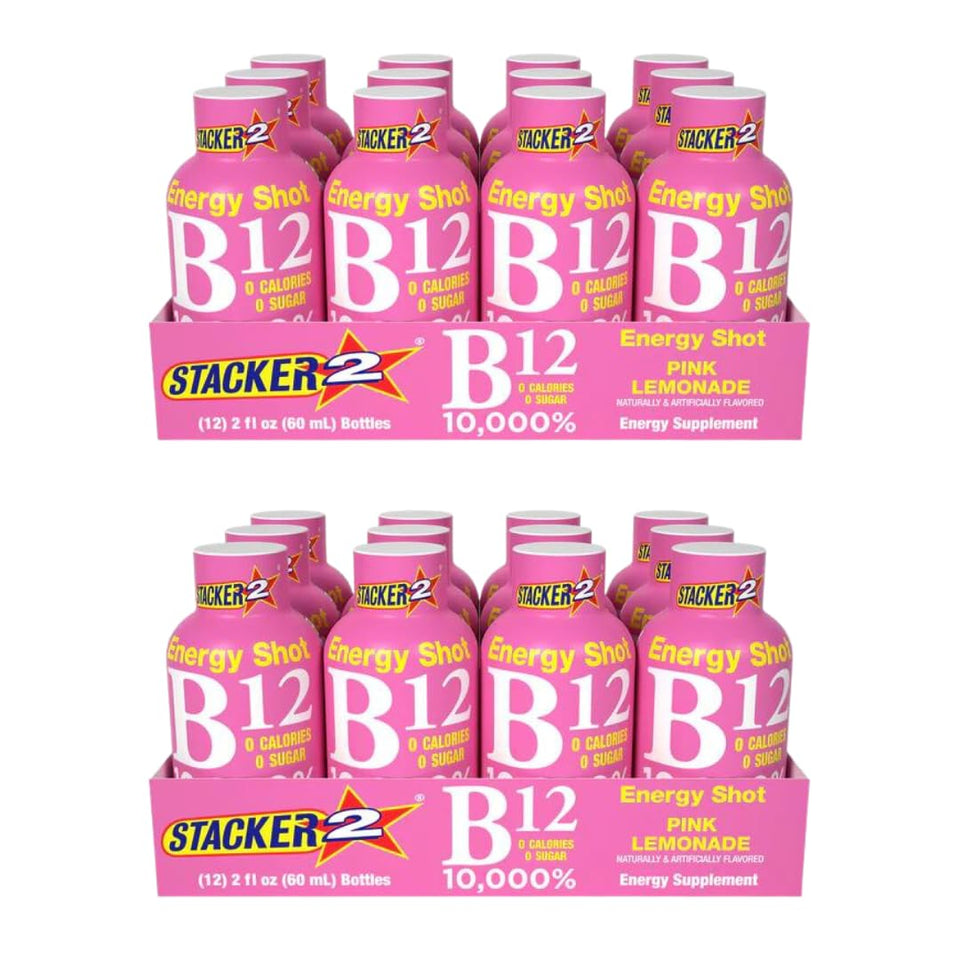 Stacker 2 Pink Lemonade energy shot bottle with 24-pack, convenient on-the-go energy.