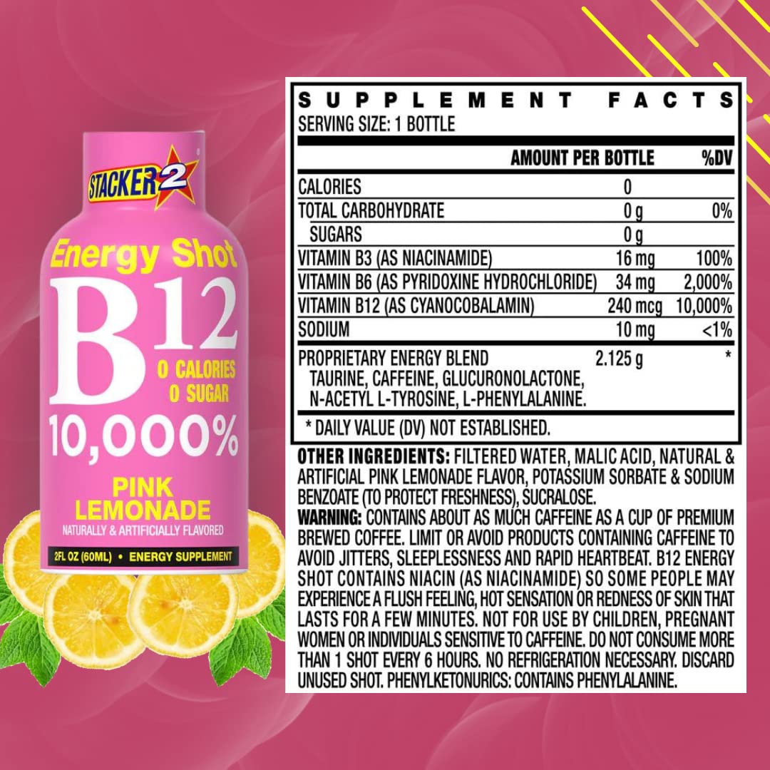 Close-up of Stacker 2 Pink Lemonade bottle, 2oz shot for quick energy on busy days.
