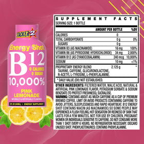 Close-up of Stacker 2 Pink Lemonade bottle, 2oz shot for quick energy on busy days.