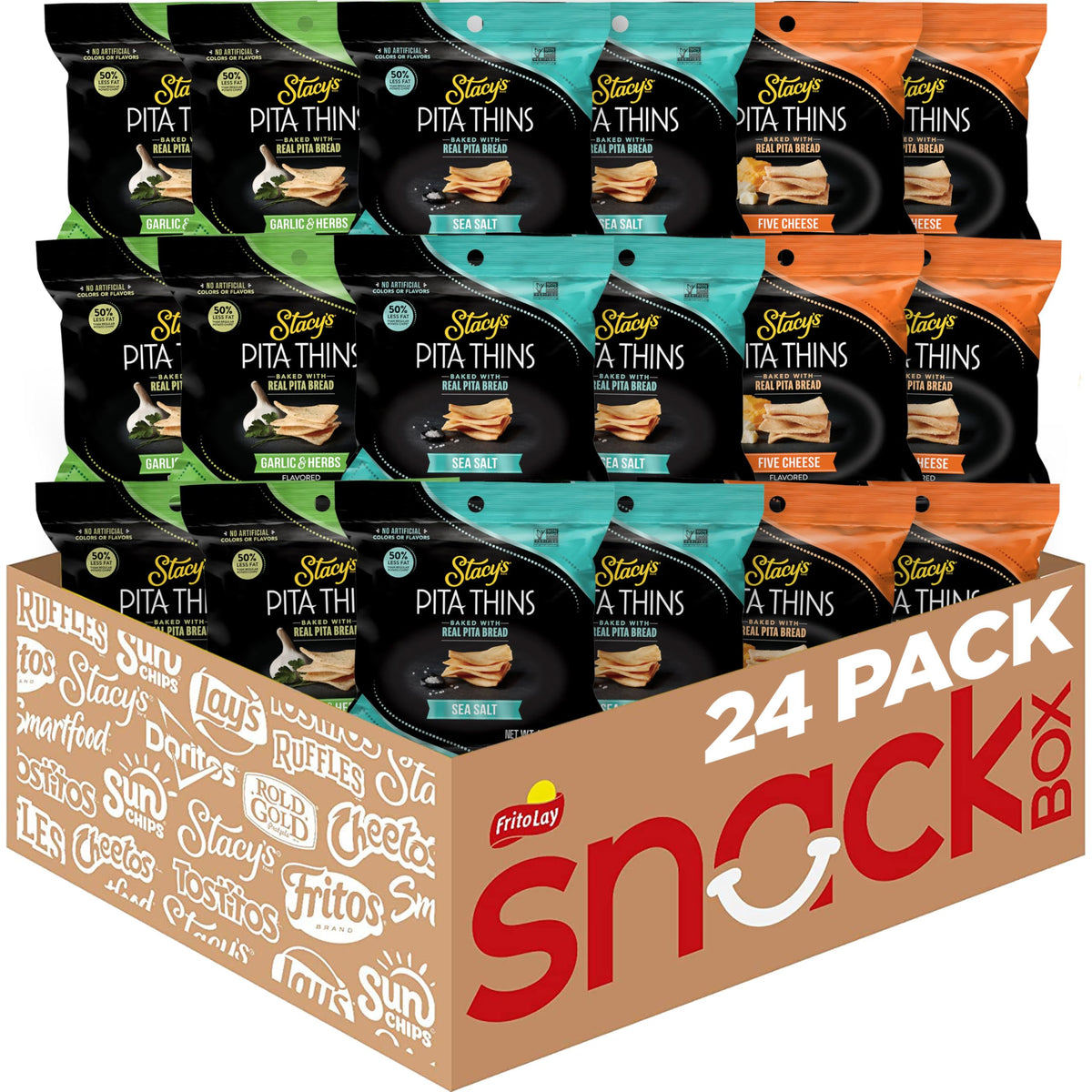 Stacy's Pita Thins Sea Salt bags show crispy texture ideal for snacking.