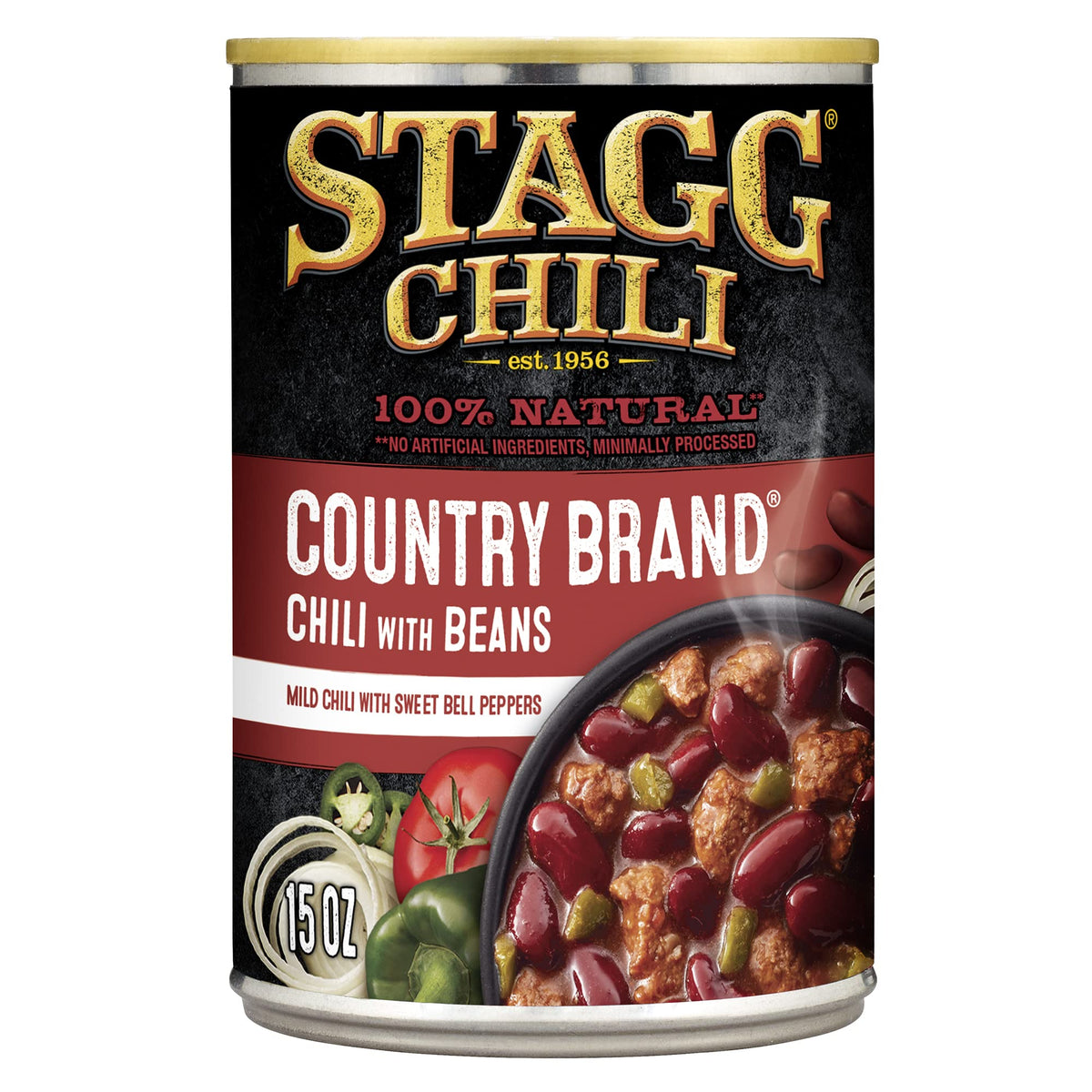 Open pull-top lid of STAGG Chili with Beans for fast serving.