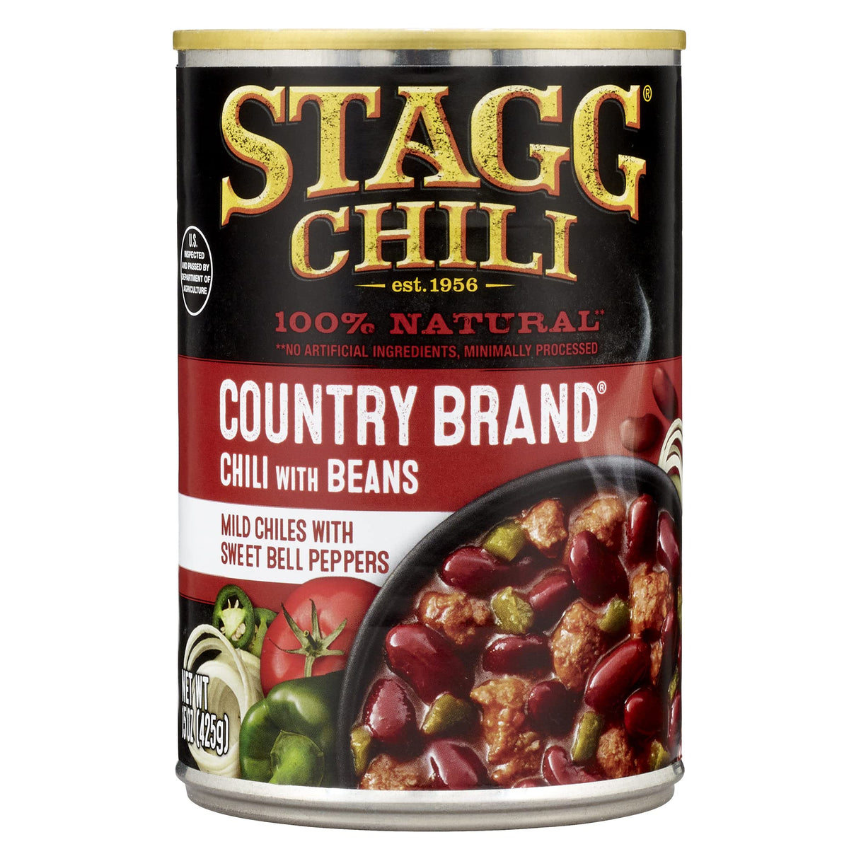 STAGG Chili with Beans cans on a shelf, ready for quick weeknight meals.