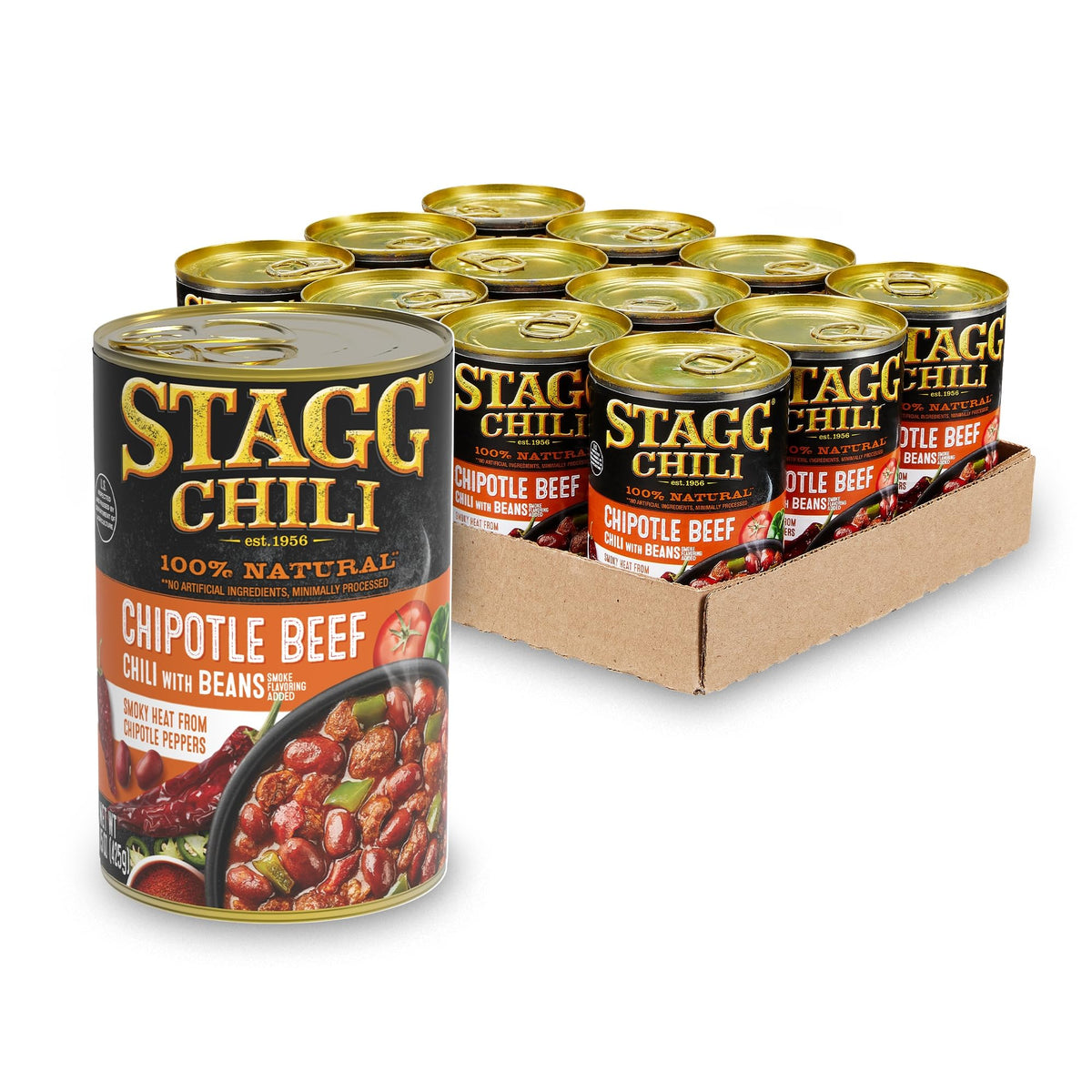 STAGG Chipotle Beef Chili with Beans label highlights smoky flavor and heat