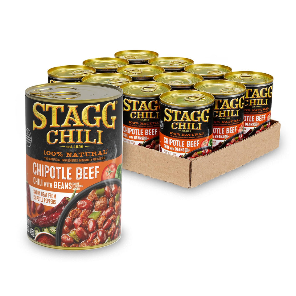 STAGG Chipotle Beef Chili with Beans label highlights smoky flavor and heat