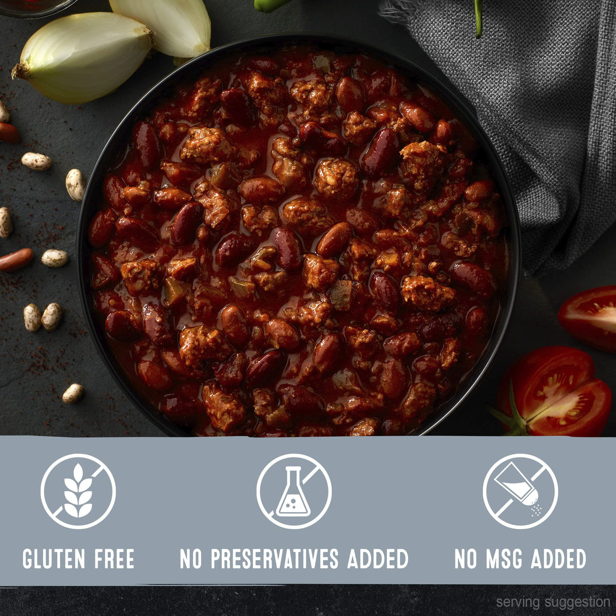 STAGG Classic Chili served on loaded baked potatoes for a hearty dinner.