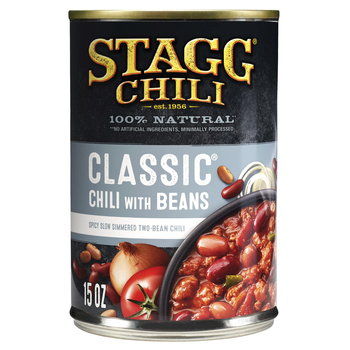STAGG Classic Chili with Beans in a can, ready to heat for quick weeknight meals.