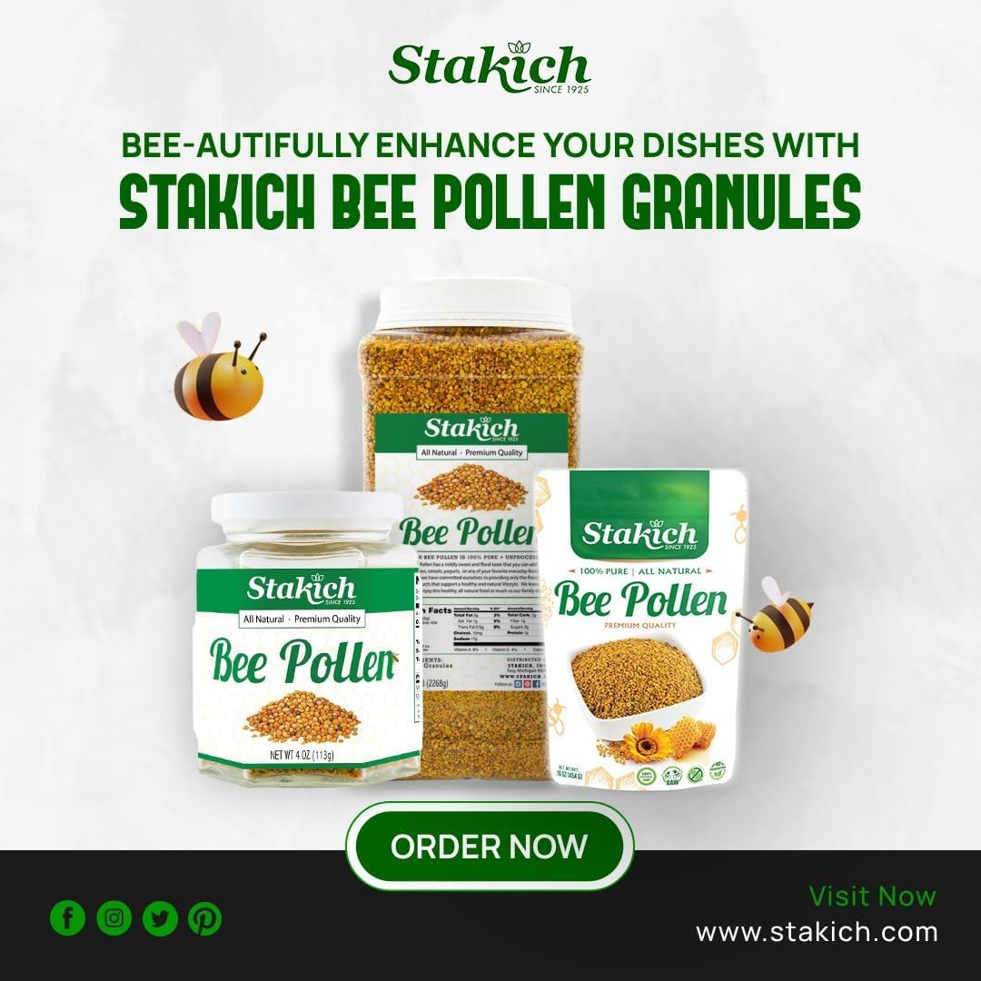 Stakich Bee Pollen granules sprinkled over cereal for a nutritious start.