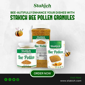 Stakich Bee Pollen granules sprinkled over cereal for a nutritious start.