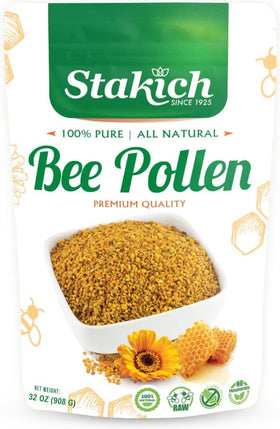 Stakich Bee Pollen granules in a jar for daily energy boost.