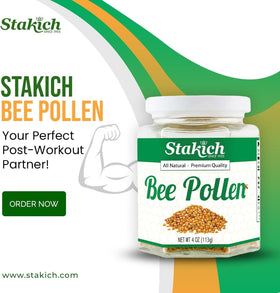 Stakich Bee Pollen granules being poured into smoothie for quick energy.