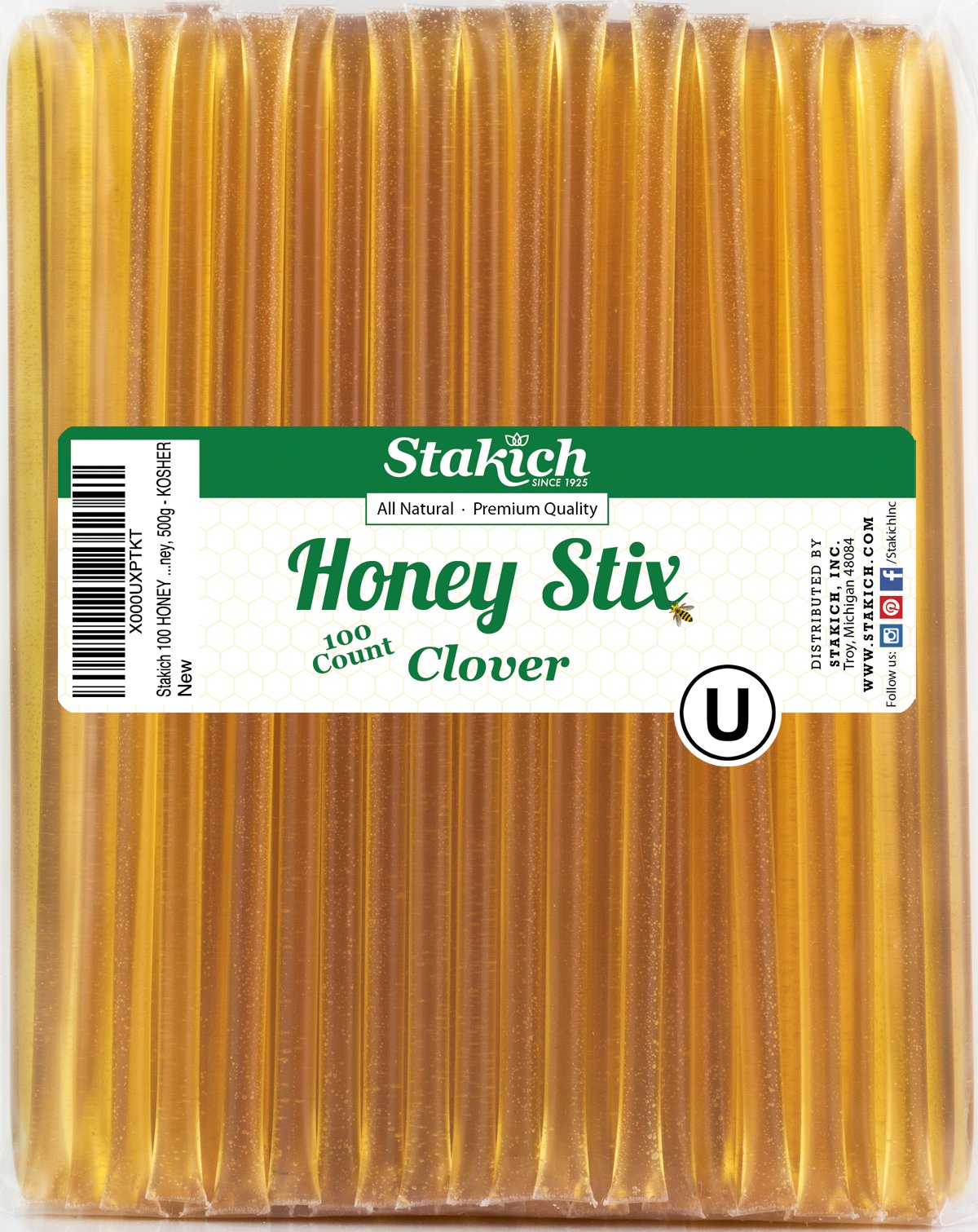 Stakich Clover Honey Sticks close-up of the 100-count pack for convenient sharing.