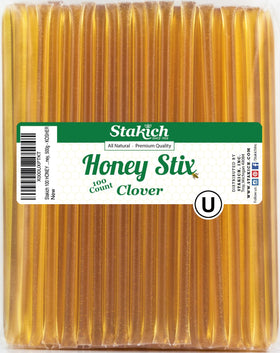 Stakich Clover Honey Sticks close-up of the 100-count pack for convenient sharing.