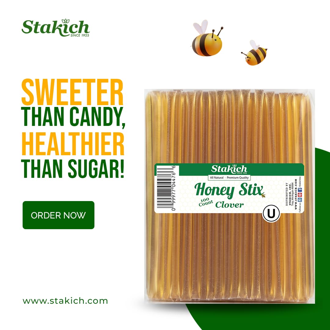 Stakich Clover Honey Sticks 5 g per stick for adding natural sweetness to tea or coffee.