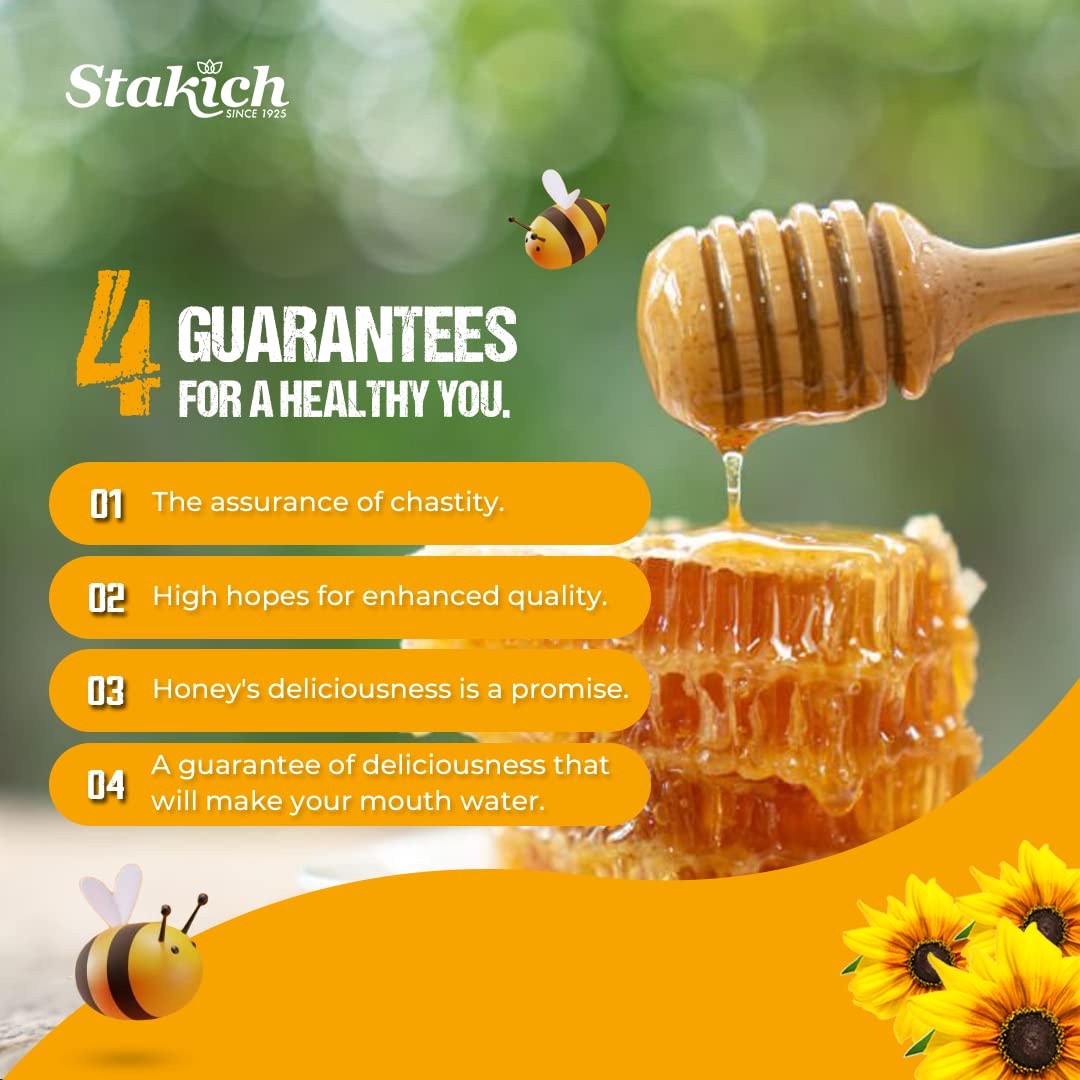 Stakich honey sticks with mess-free packaging for on-the-go use.