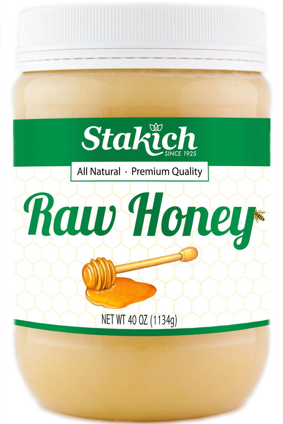 Stakich raw honey 40oz bottle pour for tea and toast