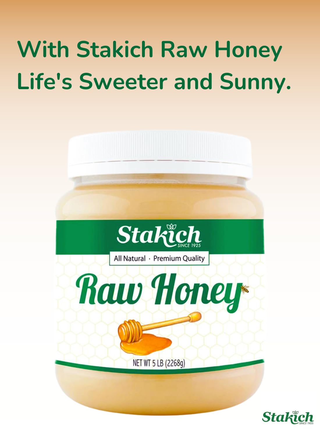 Stakich raw honey 40oz jar closeup showing texture and color