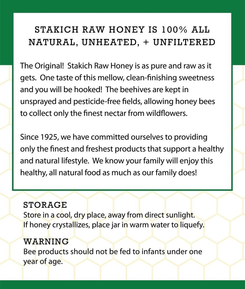 Stakich raw honey baking ingredient for recipes