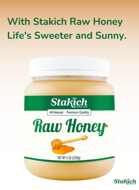 Stakich raw honey drizzle close-up showing golden texture for baking and tea.