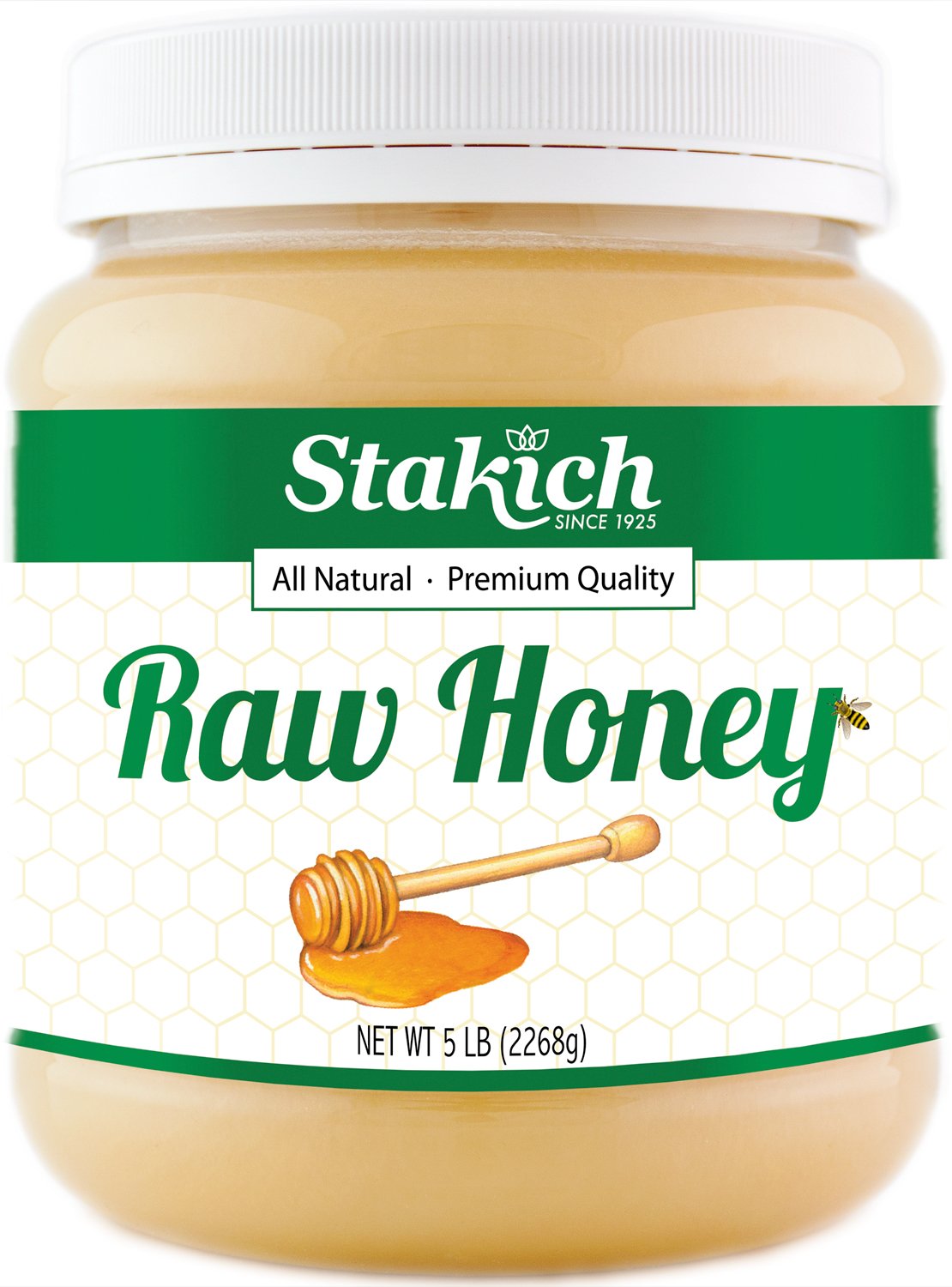 Stakich raw honey jar 80oz on kitchen counter for bulk daily use.