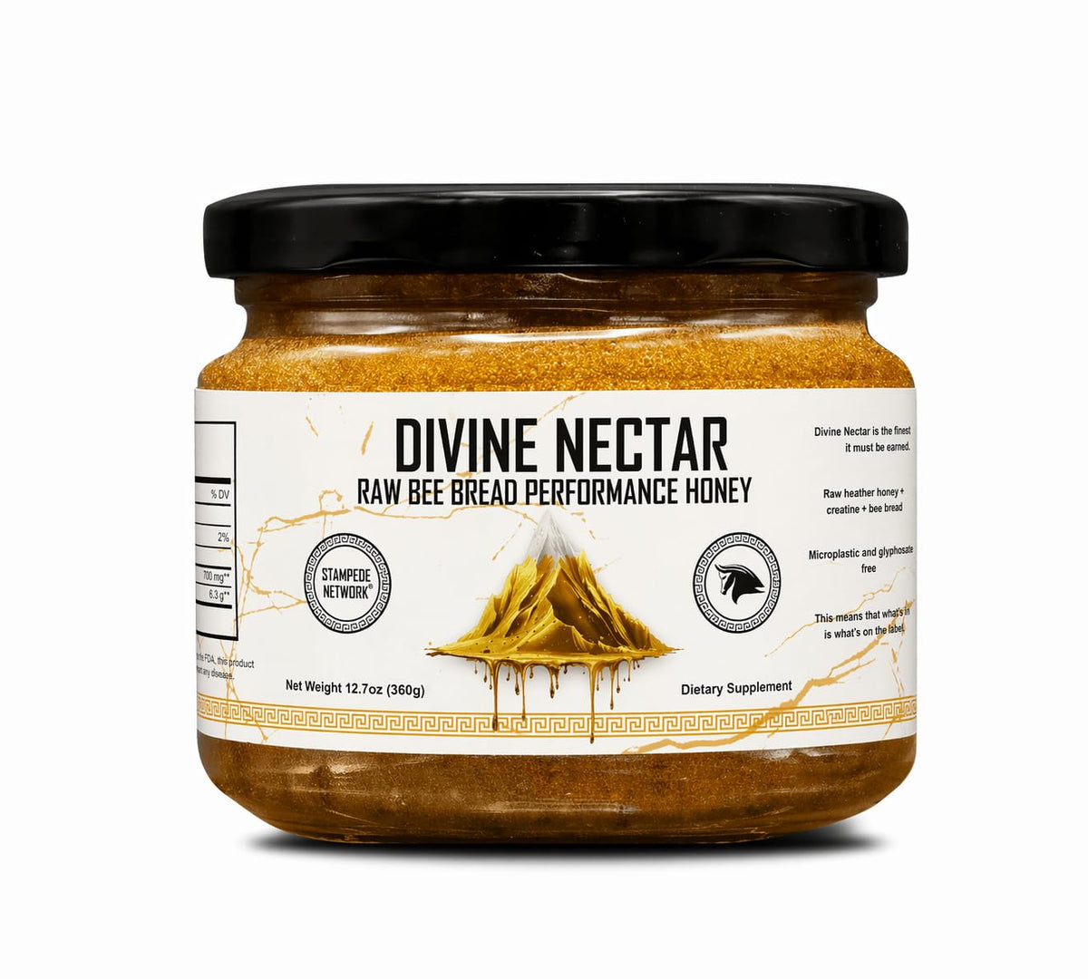 The Stampede Network Divine Nectar bottle on the counter signals natural energy.