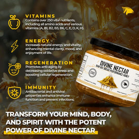 The Stampede Network Divine Nectar jar label close-up highlighting raw honey and bee bread.