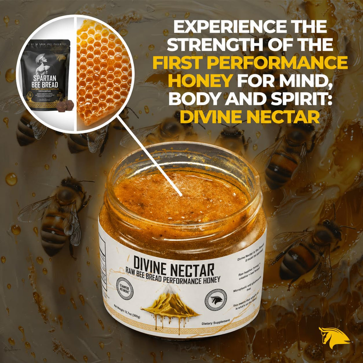 Divine Nectar bee bread infused honey being poured, signaling quick natural energy lift.