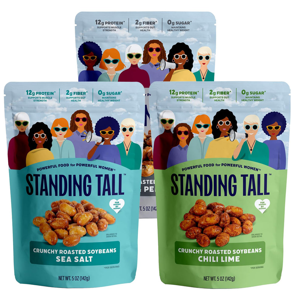 Standing Tall Chili Lime roasted soybean snack in hand, bold flavor and protein for busy days.