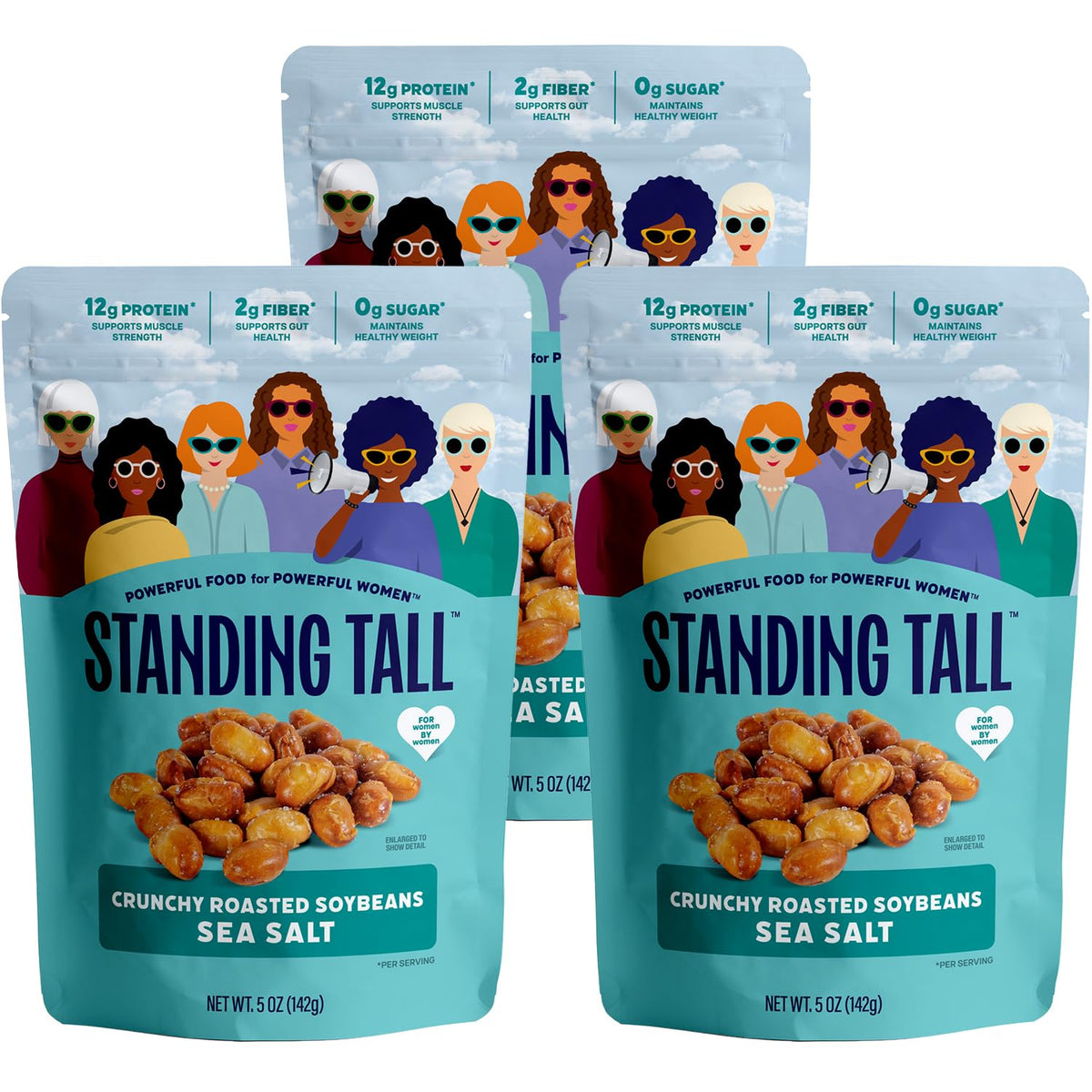 Standing Tall sea salt roasted soybeans pack for a convenient protein snack.