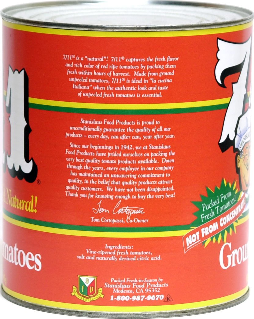 Stanislaus 7/11 Ground Tomatoes No. 10 Can — close-up texture suggesting fresh home-style recipes.