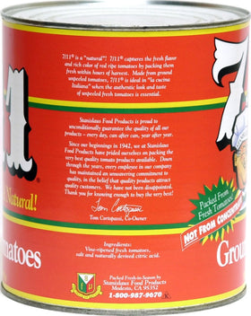Stanislaus 7/11 Ground Tomatoes No. 10 Can — close-up texture suggesting fresh home-style recipes.