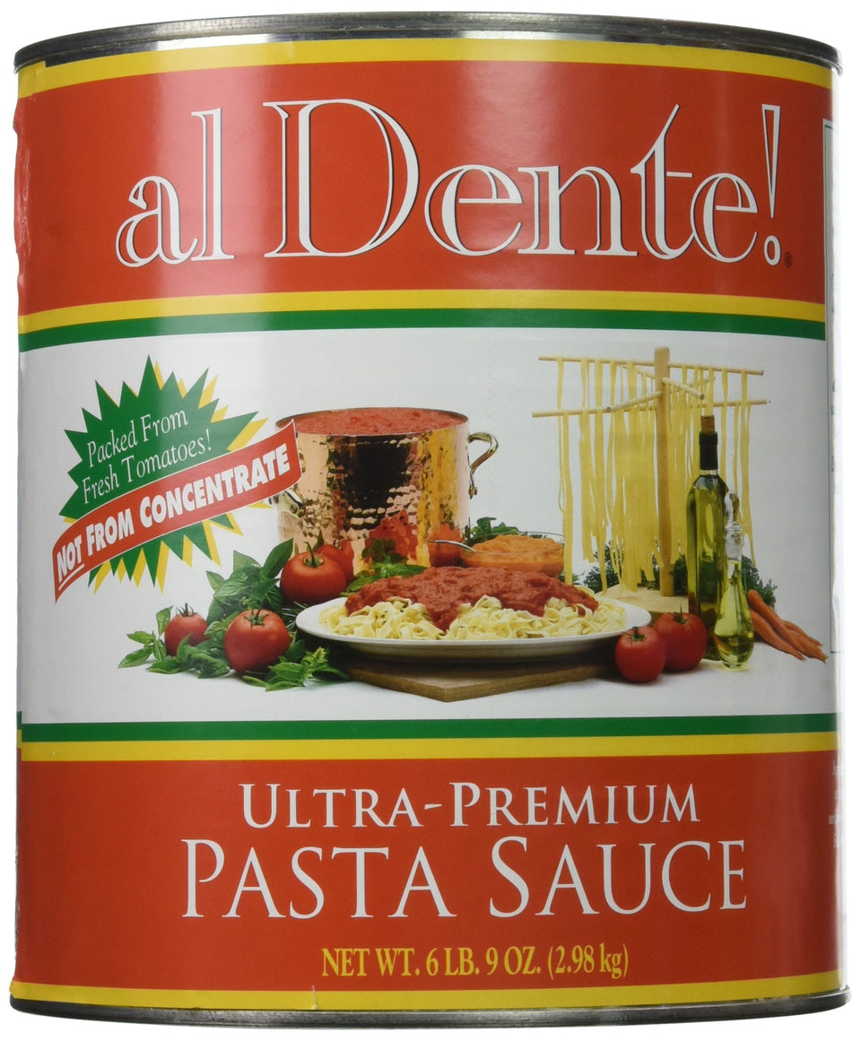 Stanislaus al Dente sauce can with tomatoes and onions, ready for rich pasta.