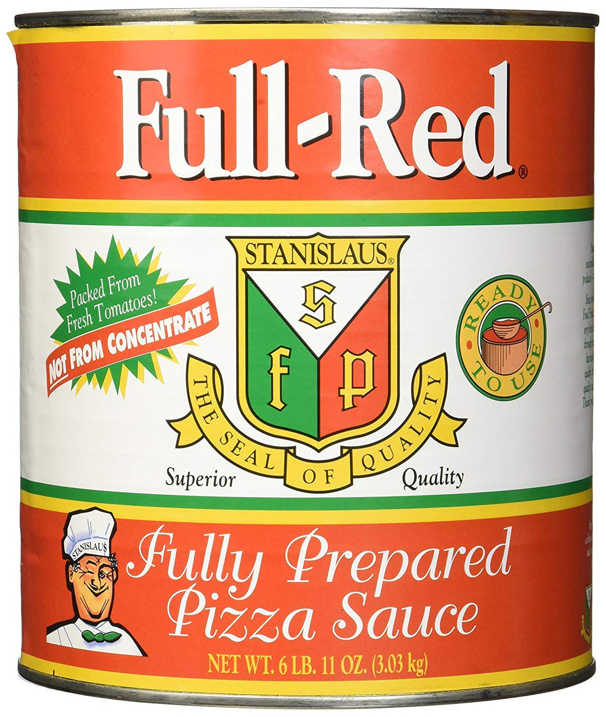Stanislaus Full Red Pizza Sauce jar with smooth, ready-to-heat texture.