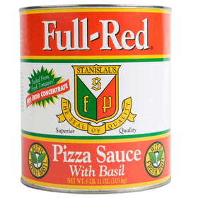 Stanislaus Full Red Pizza Sauce with Basil jar showing rich color for vibrant pizzas.