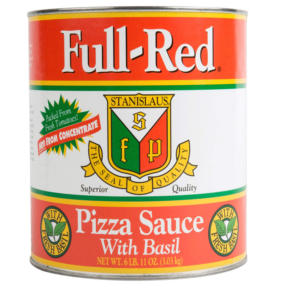 Stanislaus Full Red Pizza Sauce with Basil jar showing rich color for vibrant pizzas.