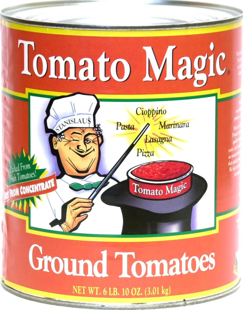 Stanislaus Tomato Magic Ground Tomatoes label on the No. 10 can, ready for quick sauces