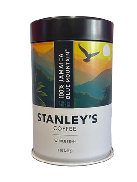 Stanley's Coffee Jamaica Blue Mountain beans in a can, preserving aroma for mornings.
