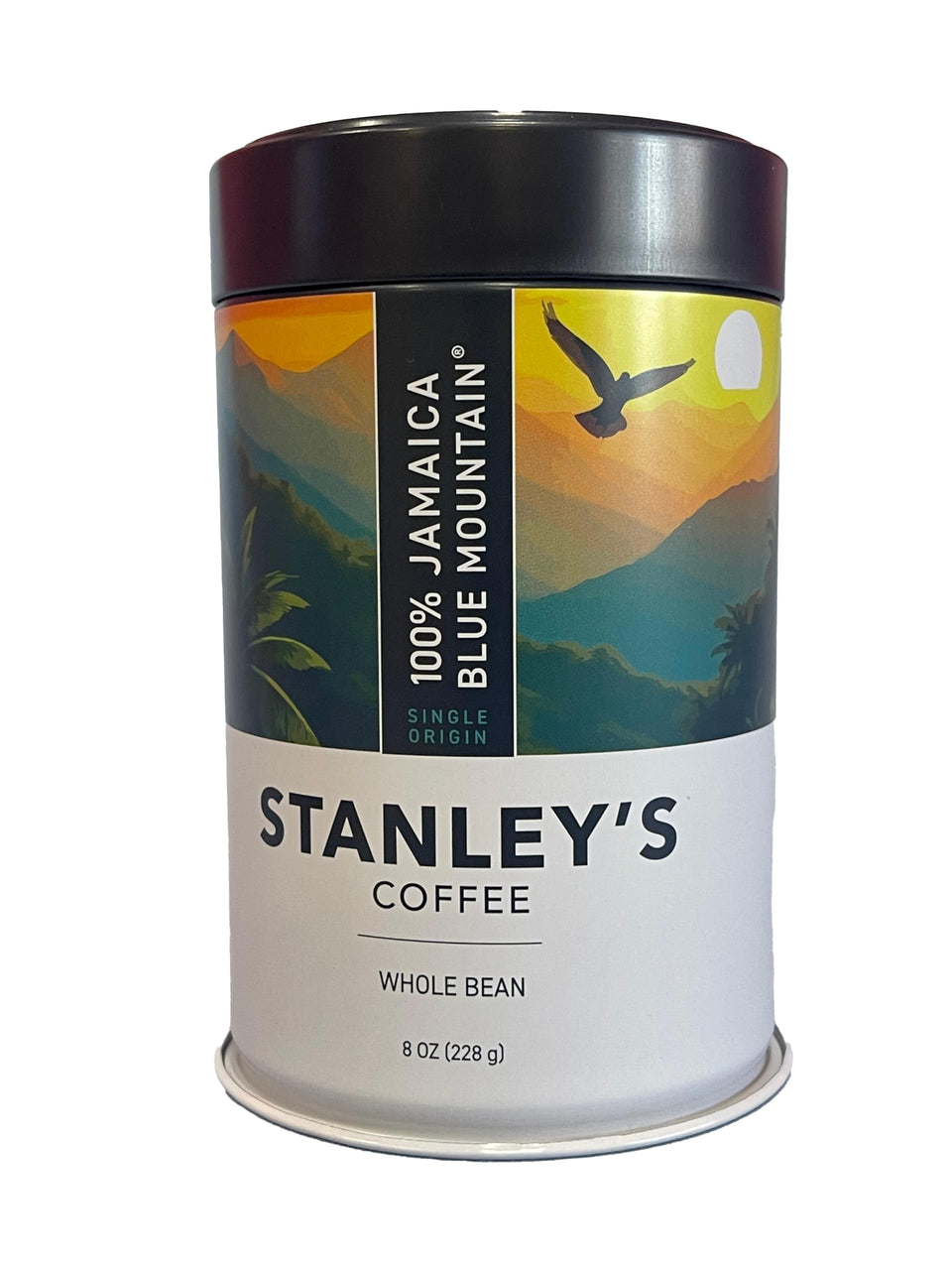 Stanley's Coffee Jamaica Blue Mountain beans in a can, preserving aroma for mornings.