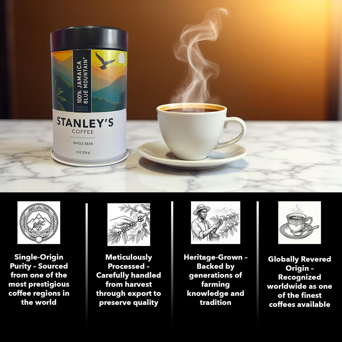 Stanley's Coffee Premium No.1-grade beans, hand-picked for consistency.