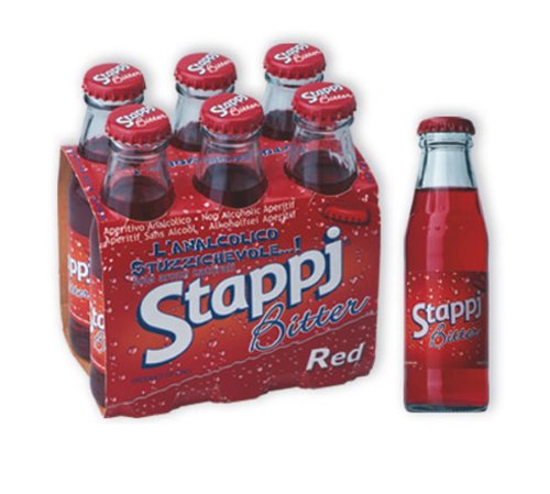 Stappi Stappj red bitter aperitif six-pack bottles on shelf, ideal for aperitif moments and entertaining.