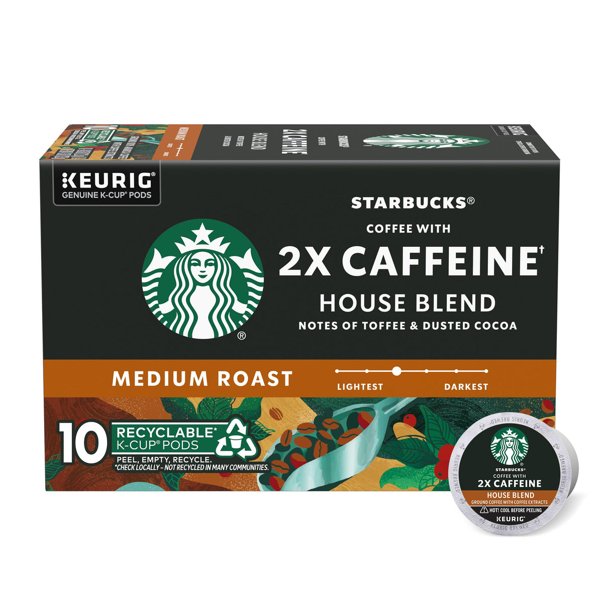 Starbucks 2X caffeine House Blend K-Cup pod close-up for a quick morning pick-me-up.