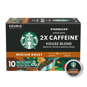 Starbucks 2X caffeine House Blend K-Cup pod close-up for a quick morning pick-me-up.