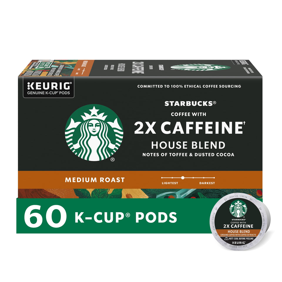 Starbucks 2x Caffeine House Blend pods box for Keurig machines offering an extra boost