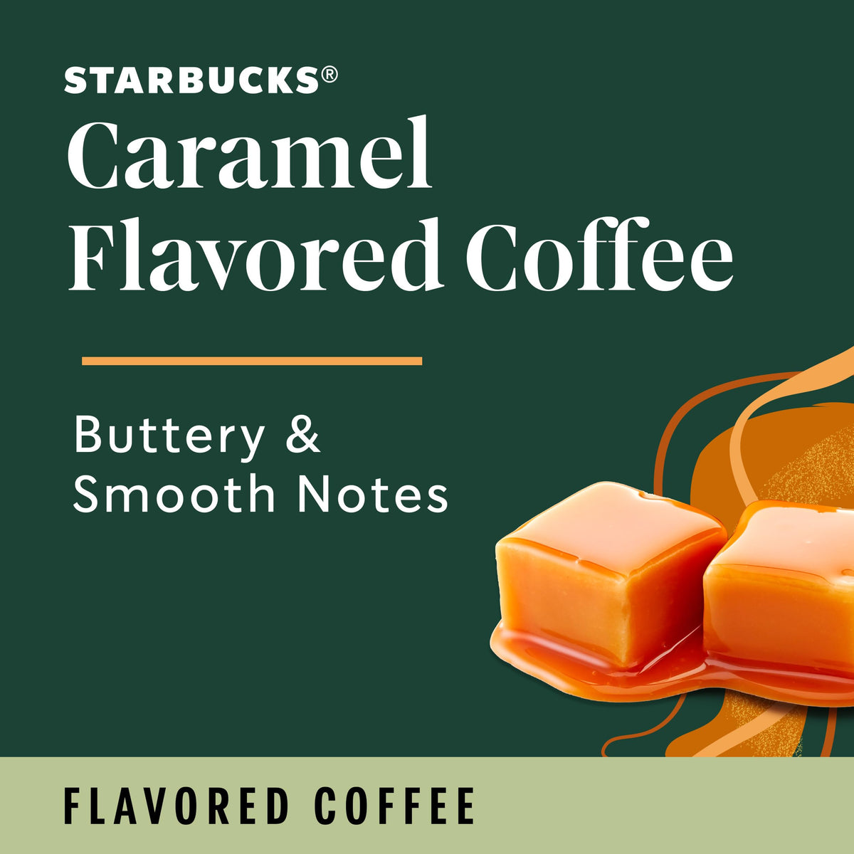 Starbucks caramel aroma K-Cup pod highlighting smooth notes for a balanced cup.
