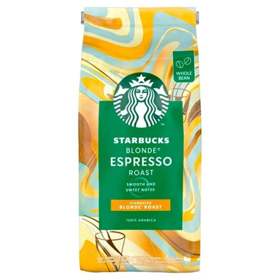 Starbucks Blonde Espresso Roast bag front, highlighting light roast aroma for home brewing.