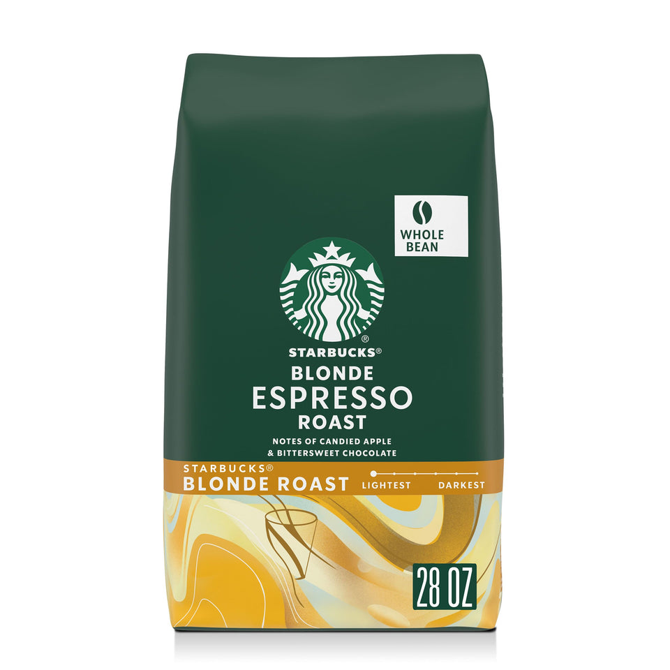 Starbucks Blonde Espresso Roast whole bean bag ready for fresh grinding at home